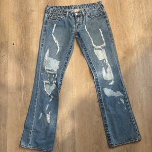 True Religion Light Blue Distressed Straight Leg Jeans
